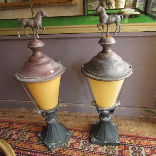 620 - Pair of Pier Lights Copper Tops Equestrian Motifs Surmounts Each Approximately 29 Inches High