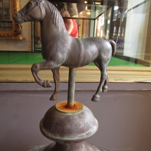 620 - Pair of Pier Lights Copper Tops Equestrian Motifs Surmounts Each Approximately 29 Inches High