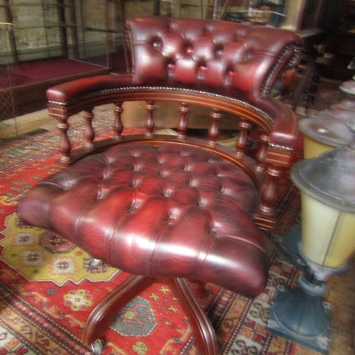 626 - Burgundy Leather Deep Button Upholstered Desk Armchair Swivel Form Mahogany Frame Working Order