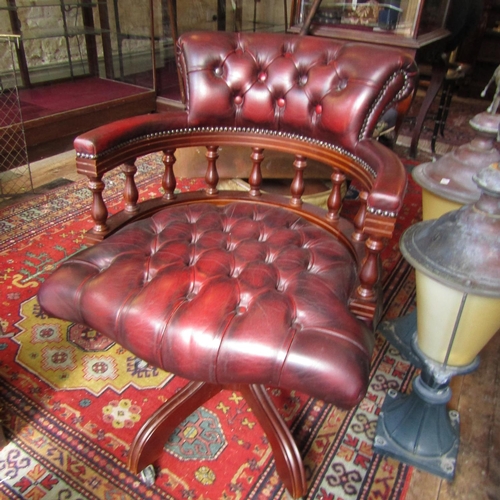 626 - Burgundy Leather Deep Button Upholstered Desk Armchair Swivel Form Mahogany Frame Working Order