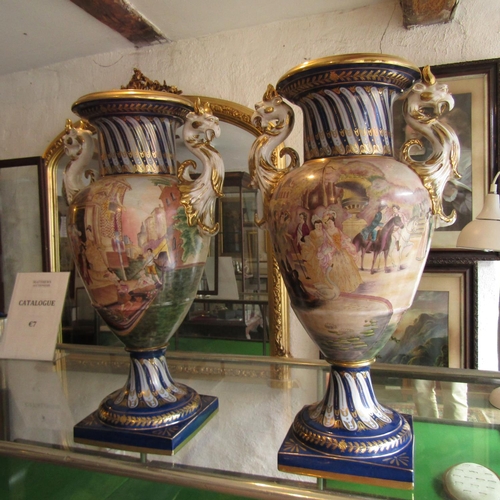 629 - Pair of Fine Porcelain Vases with Dragon Motif Handles Gilded Decoration Good Original Condition Eac... 