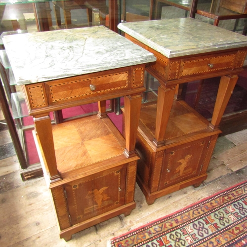 630 - Pair of Victorian Marquetry Decorated Side Lockers Marble Tops Above Cupboard Bases Cherub Motifs to... 