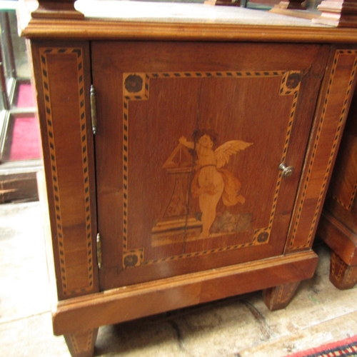 630 - Pair of Victorian Marquetry Decorated Side Lockers Marble Tops Above Cupboard Bases Cherub Motifs to... 