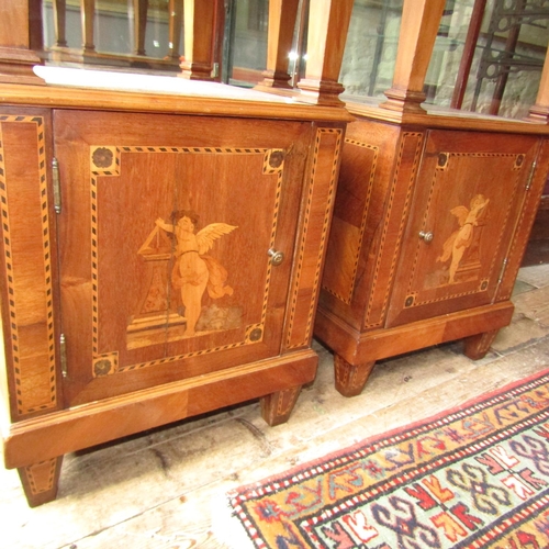 630 - Pair of Victorian Marquetry Decorated Side Lockers Marble Tops Above Cupboard Bases Cherub Motifs to... 