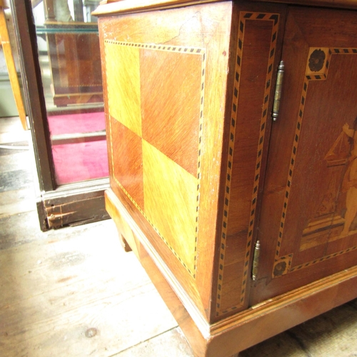 630 - Pair of Victorian Marquetry Decorated Side Lockers Marble Tops Above Cupboard Bases Cherub Motifs to... 