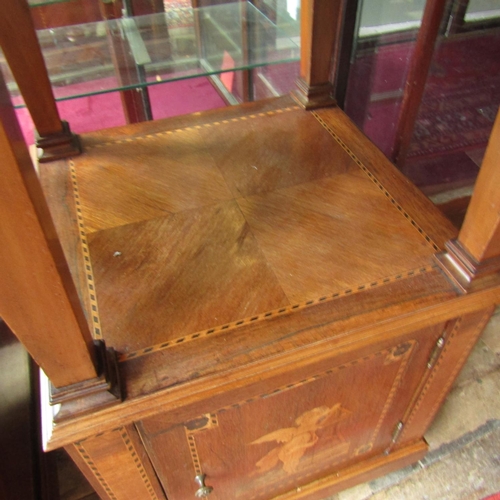 630 - Pair of Victorian Marquetry Decorated Side Lockers Marble Tops Above Cupboard Bases Cherub Motifs to... 