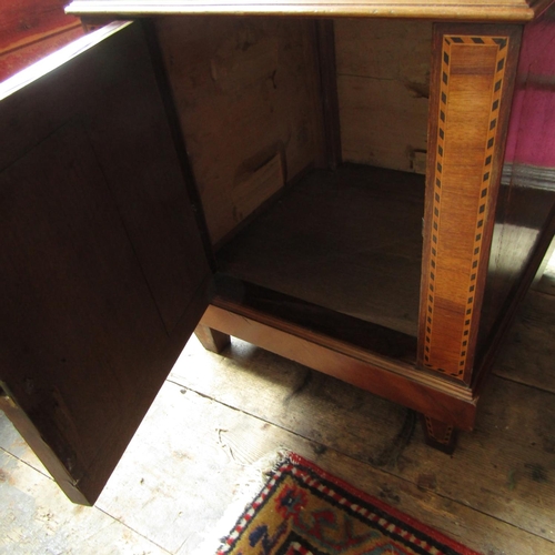 630 - Pair of Victorian Marquetry Decorated Side Lockers Marble Tops Above Cupboard Bases Cherub Motifs to... 