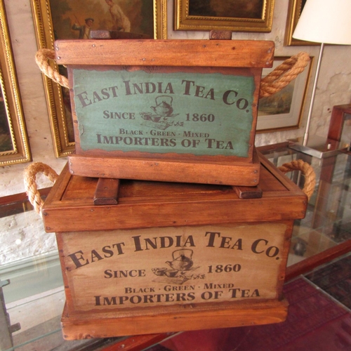 631 - Two East Indian Tea Company Cases Timber Construction Rope Handles Largest Approximately 14 Inches W... 