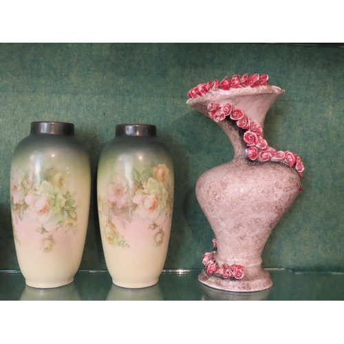 658 - Pair of Continental Porcelain Vases Floral Motifs and Another Three Items in Lot Tallest Approximate... 