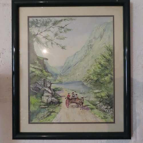 661 - Irish School Pony and Trap Mountains Beyond Watercolour Approximately 2ft High x 16 Inches Wide Sign... 