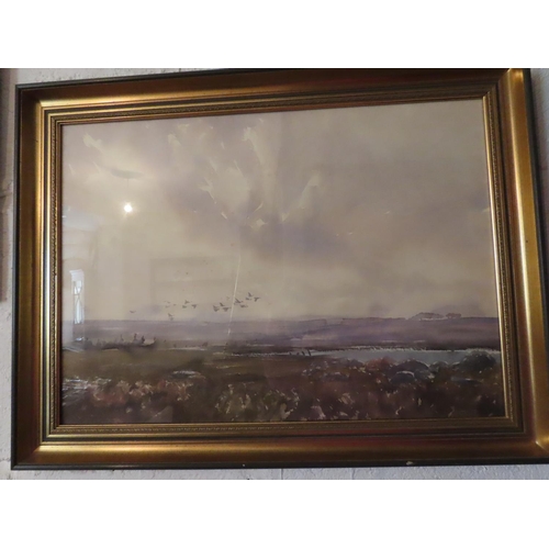 662 - Irish School Bogland Scene with Geese on the Wing Watercolour Approximately 18 Inches High x 30 Inch... 