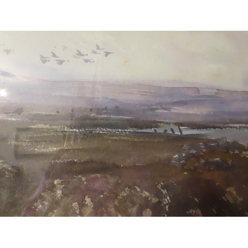 662 - Irish School Bogland Scene with Geese on the Wing Watercolour Approximately 18 Inches High x 30 Inch... 