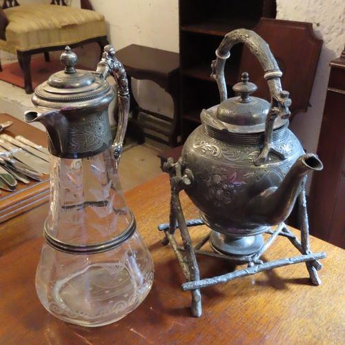 679 - Antique Silver Plated Cut Crystal Claret Jug and Silver Plated Kettle on Stand Two Pieces in Lot