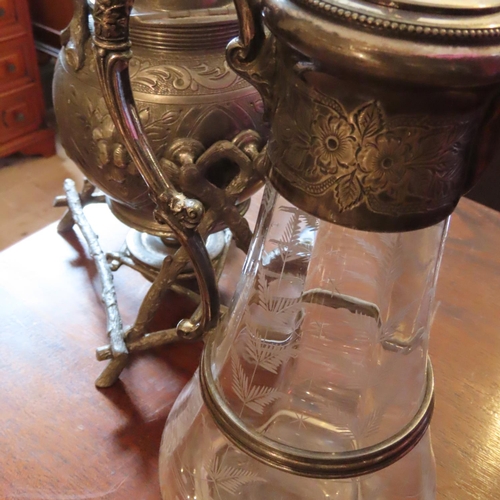 679 - Antique Silver Plated Cut Crystal Claret Jug and Silver Plated Kettle on Stand Two Pieces in Lot