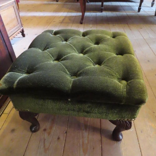 685 - Deep Button Upholstered Emerald Velvet Foot Stool Shell Carved Supports Mahogany Approximately 16 In... 