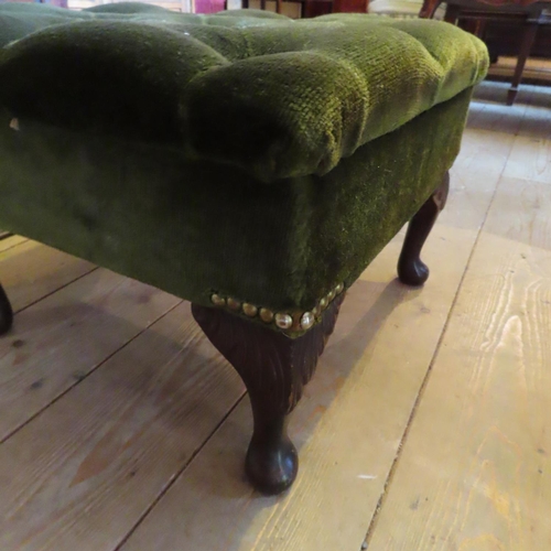 685 - Deep Button Upholstered Emerald Velvet Foot Stool Shell Carved Supports Mahogany Approximately 16 In... 