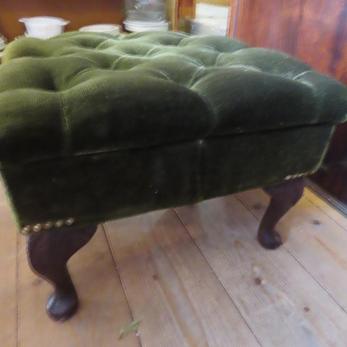 685 - Deep Button Upholstered Emerald Velvet Foot Stool Shell Carved Supports Mahogany Approximately 16 In... 