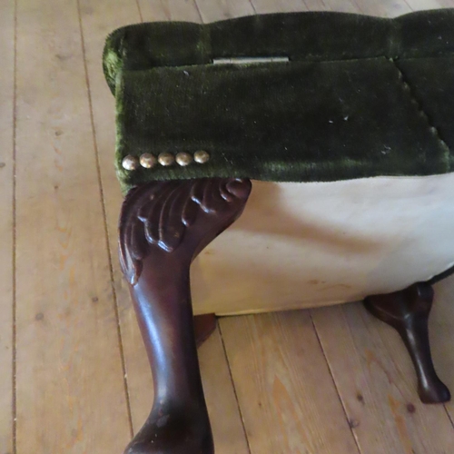 685 - Deep Button Upholstered Emerald Velvet Foot Stool Shell Carved Supports Mahogany Approximately 16 In... 