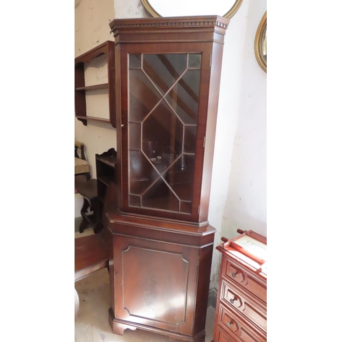 692 - Figured Mahogany Astral Glazed Corner Cabinet Single Door Above Cupboard Base Approximately 6ft 6 In... 