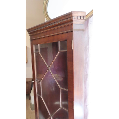 692 - Figured Mahogany Astral Glazed Corner Cabinet Single Door Above Cupboard Base Approximately 6ft 6 In... 