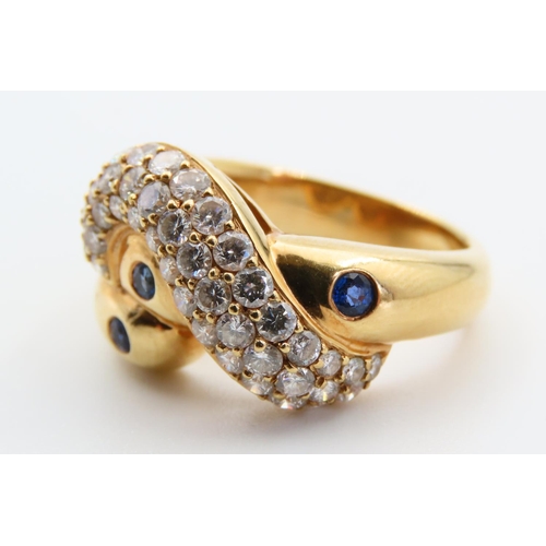 7 - 18 Carat Yellow Gold Diamond and Sapphire Ladies Ring Modernist Form Band Size O