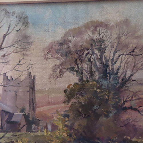 700 - Colin Turner Oil on Board Village Scene with Church Beyond Signed Lower Right Approximately 7 Inches... 