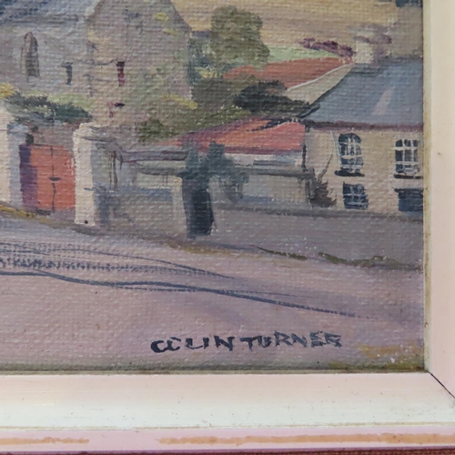 700 - Colin Turner Oil on Board Village Scene with Church Beyond Signed Lower Right Approximately 7 Inches... 