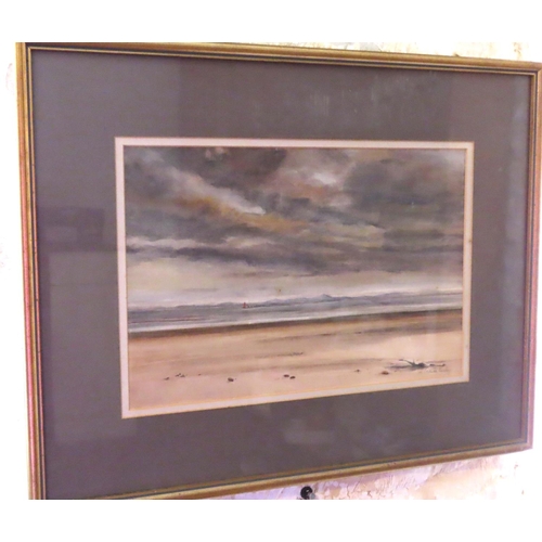 702 - Maura Earley Irish School Beach Scene with Clouds Above Signed Lower Right Watercolour Approximately... 