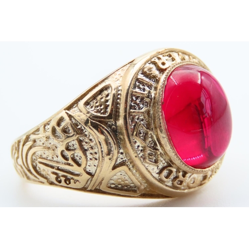 72 - Ruby Set College Ring 9 Carat Yellow Gold Band Incised Detailing Ring Size T