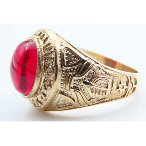 72 - Ruby Set College Ring 9 Carat Yellow Gold Band Incised Detailing Ring Size T