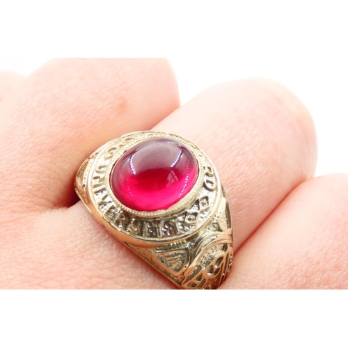 72 - Ruby Set College Ring 9 Carat Yellow Gold Band Incised Detailing Ring Size T