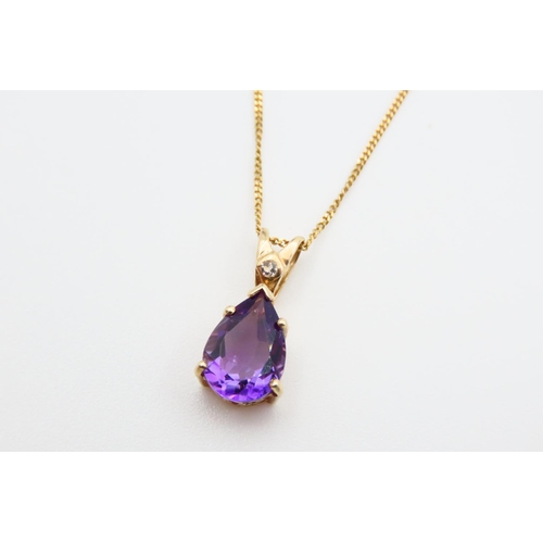 75 - Pear Cut Amethyst Drop Pendant Inset with Diamond Mounted on 9 Carat Gold Further Set on 9 Carat Gol... 