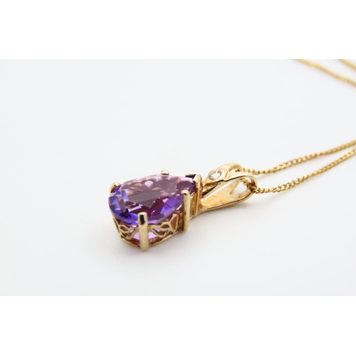 75 - Pear Cut Amethyst Drop Pendant Inset with Diamond Mounted on 9 Carat Gold Further Set on 9 Carat Gol... 