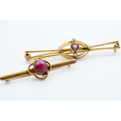 76 - Two 9 Carat Yellow Gold Bar Brooches, One Set with Amethyst and Pearl, Another Red Garnet, Each 6cm ... 