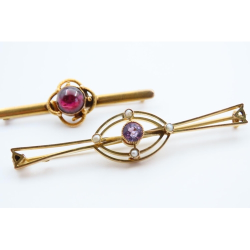 76 - Two 9 Carat Yellow Gold Bar Brooches, One Set with Amethyst and Pearl, Another Red Garnet, Each 6cm ... 