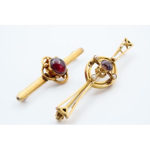 76 - Two 9 Carat Yellow Gold Bar Brooches, One Set with Amethyst and Pearl, Another Red Garnet, Each 6cm ... 