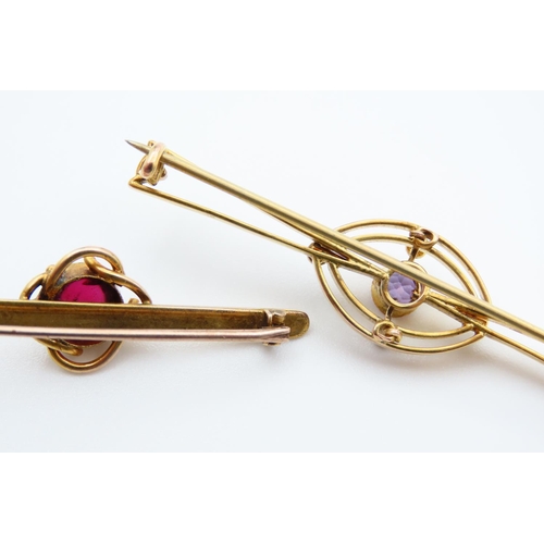 76 - Two 9 Carat Yellow Gold Bar Brooches, One Set with Amethyst and Pearl, Another Red Garnet, Each 6cm ... 