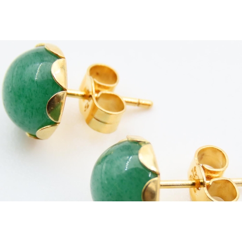 77 - Pair of Jade Cabochon Cut and Polished 9 Carat Yellow Gold Ladies Earrings Each 8mm Diameter