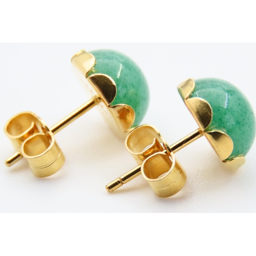 77 - Pair of Jade Cabochon Cut and Polished 9 Carat Yellow Gold Ladies Earrings Each 8mm Diameter