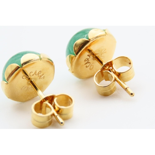 77 - Pair of Jade Cabochon Cut and Polished 9 Carat Yellow Gold Ladies Earrings Each 8mm Diameter