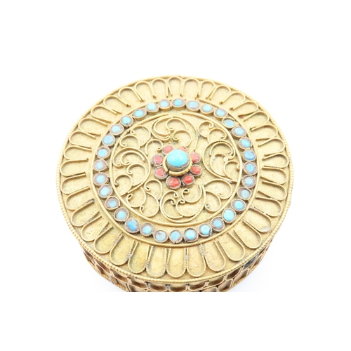 80 - Unusual Ormolu Desk Box with Polished Turquoise Gemstones Inset with Detail Pattern 8cm Diameter