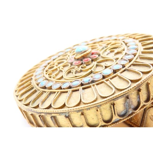 80 - Unusual Ormolu Desk Box with Polished Turquoise Gemstones Inset with Detail Pattern 8cm Diameter