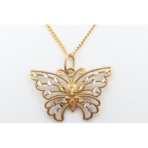 81 - Butterfly Motif Decorated Pendant Necklace 9 Carat Yellow Gold Mounted on 9 Carat Yellow Gold Chain ... 