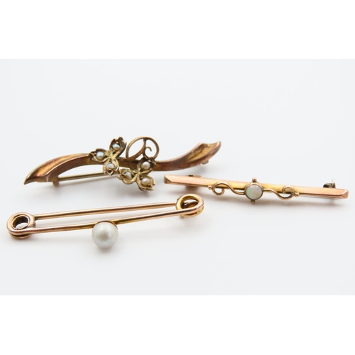 90 - Three 9 Carat Yellow Gold Bar Brooches Inset with Seed Pearls Each 4cm, 4cm and 4.5cm Wide