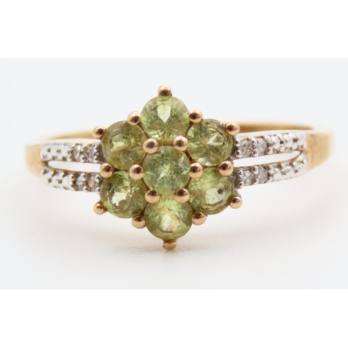 97 - Tourmaline and Diamond Cluster Ring Mounted on 10 Carat Yellow Gold Band Ring Size N