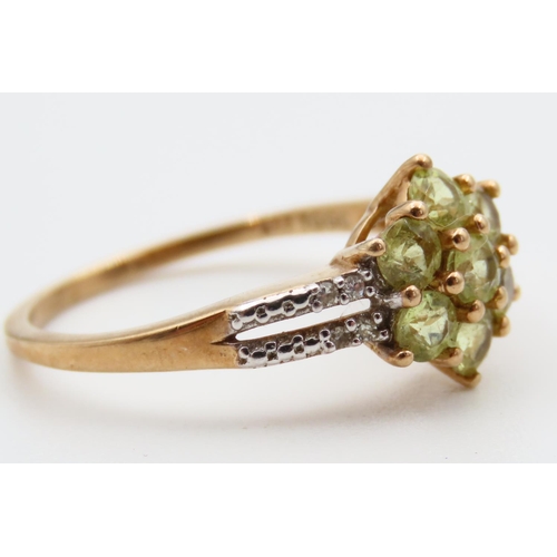 97 - Tourmaline and Diamond Cluster Ring Mounted on 10 Carat Yellow Gold Band Ring Size N