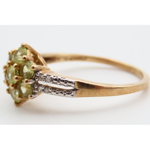 97 - Tourmaline and Diamond Cluster Ring Mounted on 10 Carat Yellow Gold Band Ring Size N