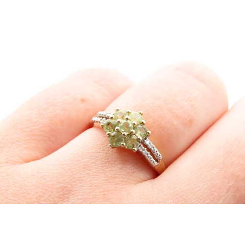 97 - Tourmaline and Diamond Cluster Ring Mounted on 10 Carat Yellow Gold Band Ring Size N