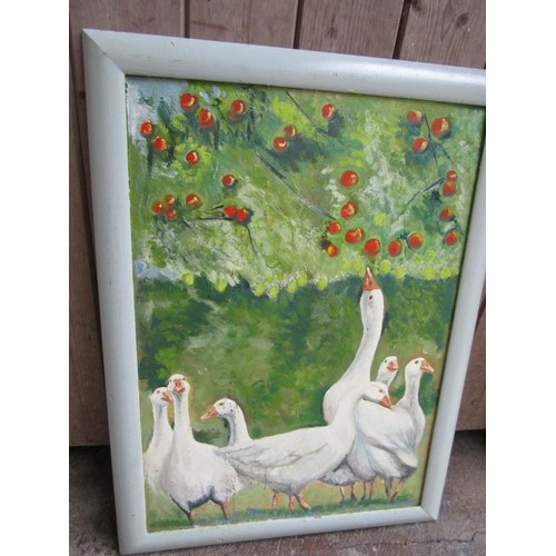 647 - Orchard Geese Oil on Board Circa 1980 Approximately 30 Inches High x 20 Inches Wide Signed Indistinc... 