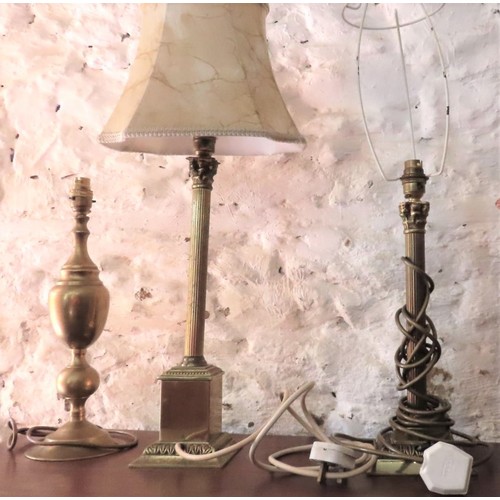 Three Cast Brass Table Lamps One Turned Pedestal Form Two Corinthian